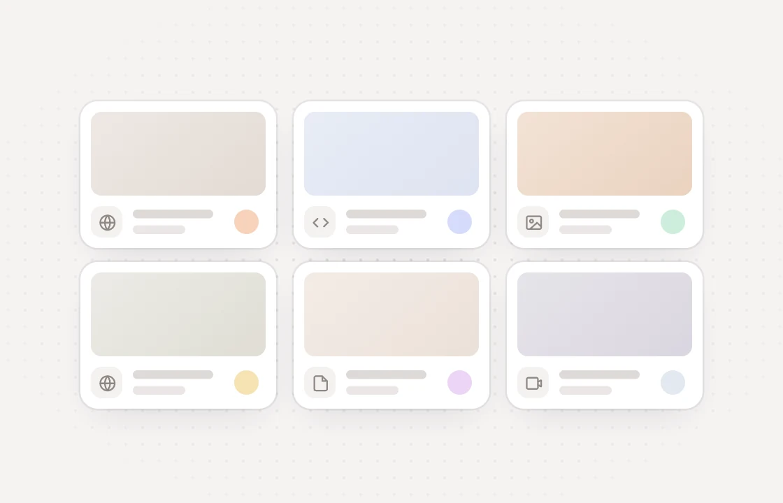 Project cards for websites, a web app, images, a PDF and a video in one workspace