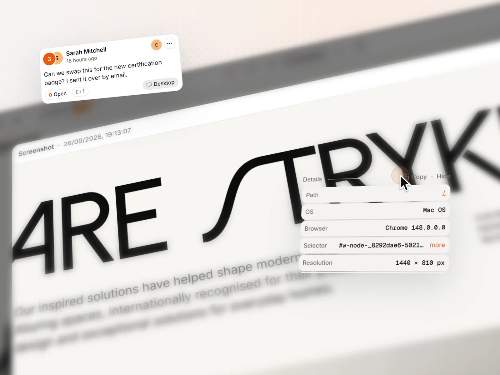 A comment's automatic screenshot with its path, OS, browser, selector and resolution.