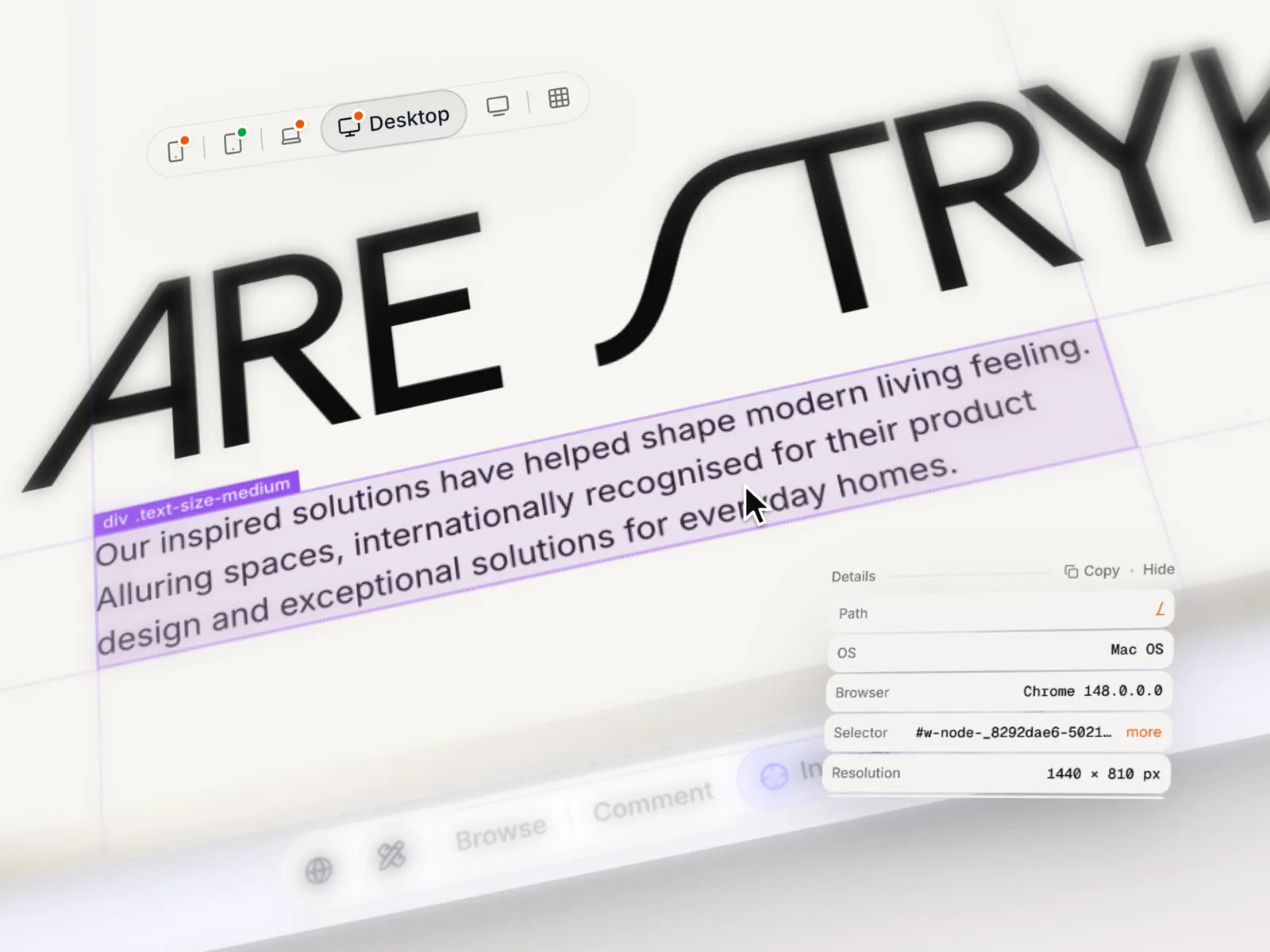 Inspect mode highlighting an element on the live site, with its captured details beside it.