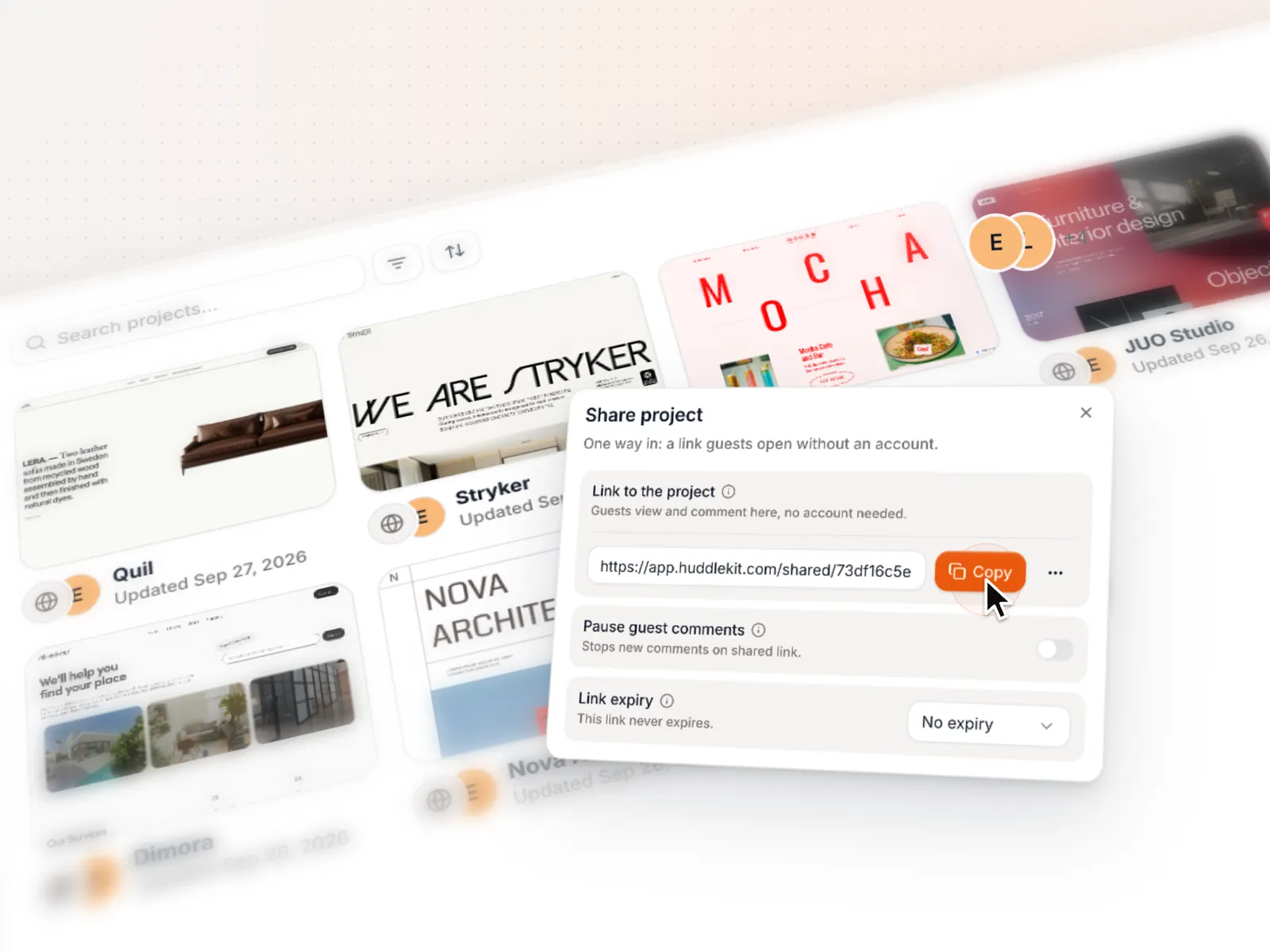 The share dialog and the team floating over the projects dashboard, with the link being copied.