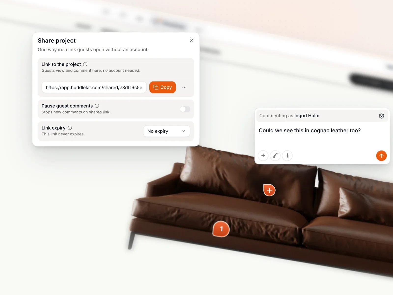 The share dialog, then a guest commenting on the live site from the link without an account.